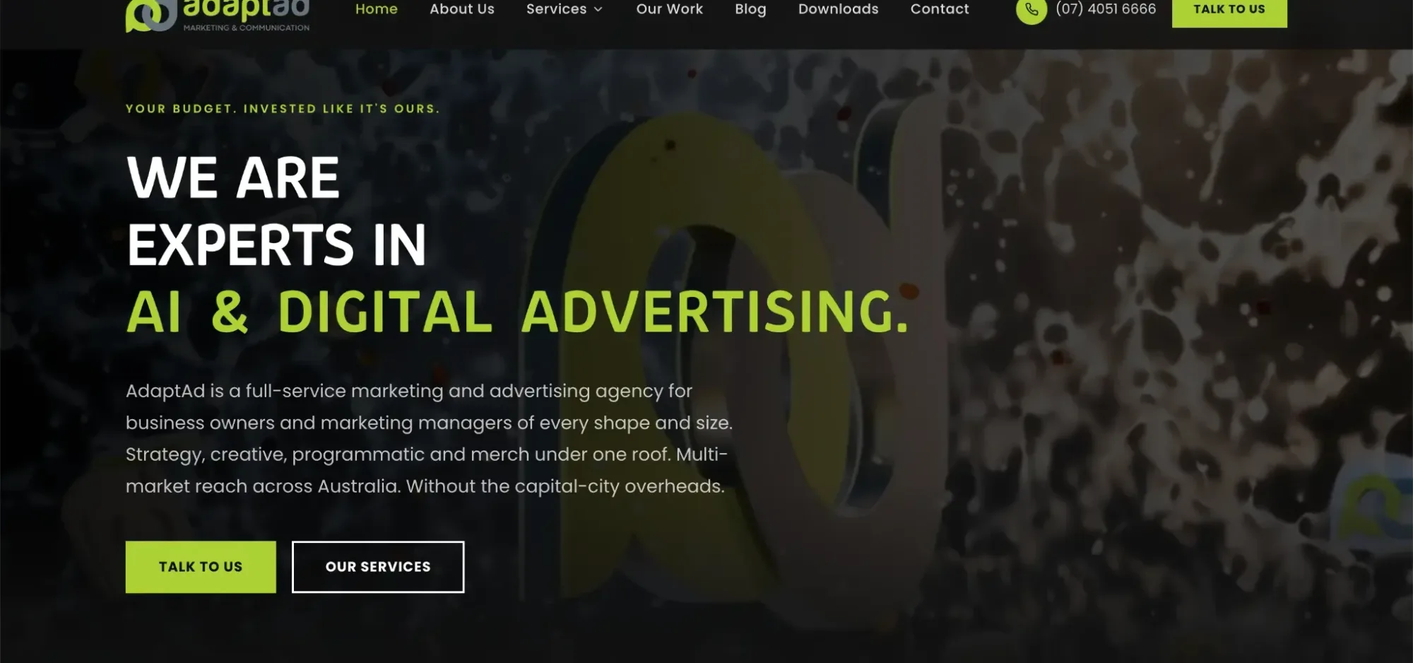 AdaptAd.com.au homepage, a dark site with lime headline type