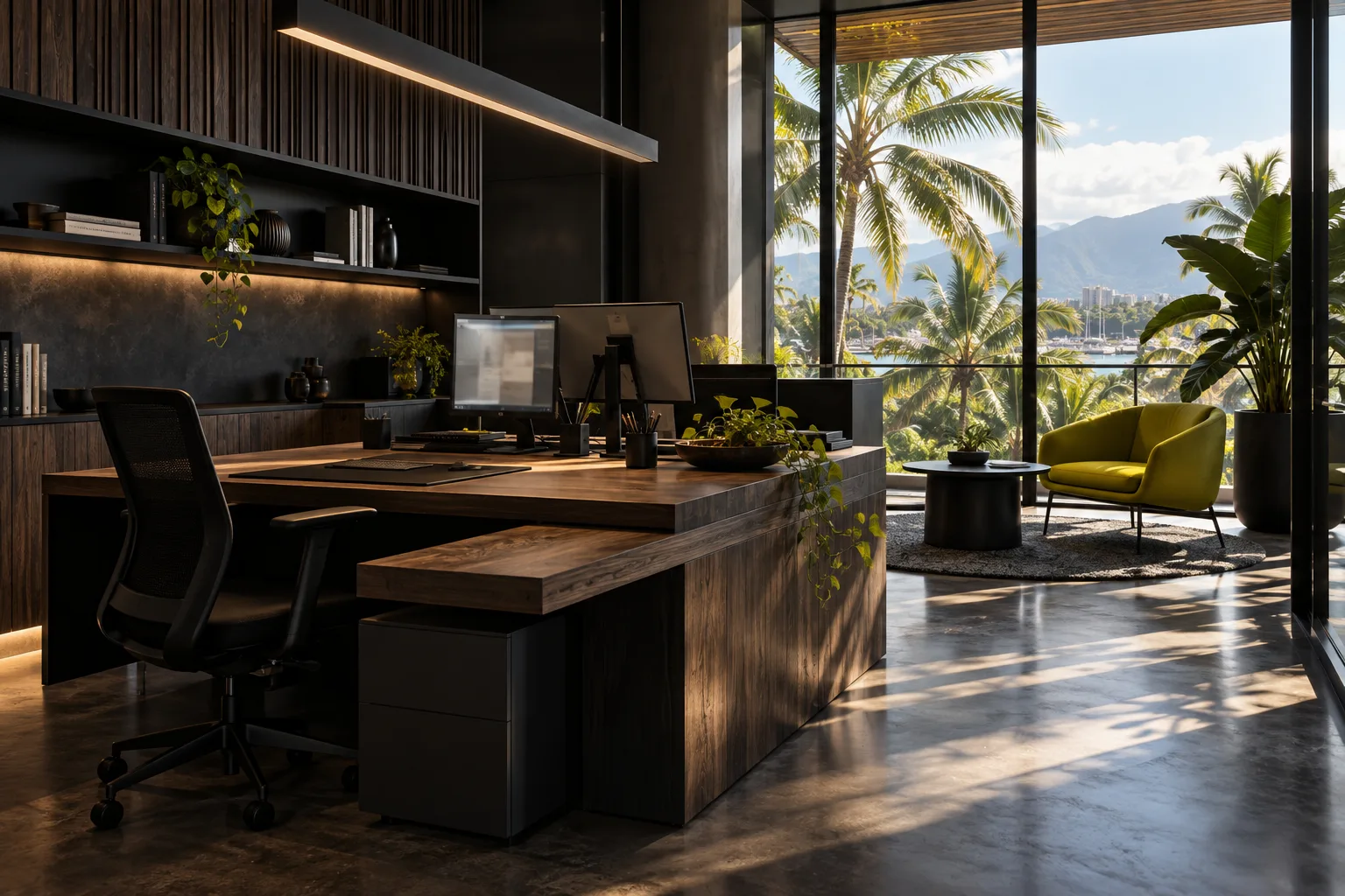 Dark timber agency office in Cairns with a lime accent chair and palm trees beyond the window