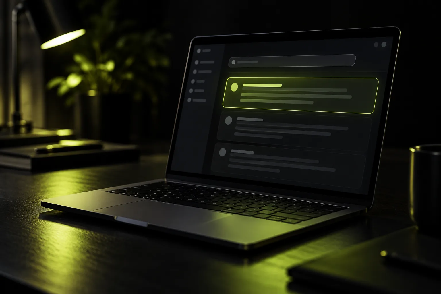 Laptop in a dark room showing a search answer interface with one result card highlighted in lime