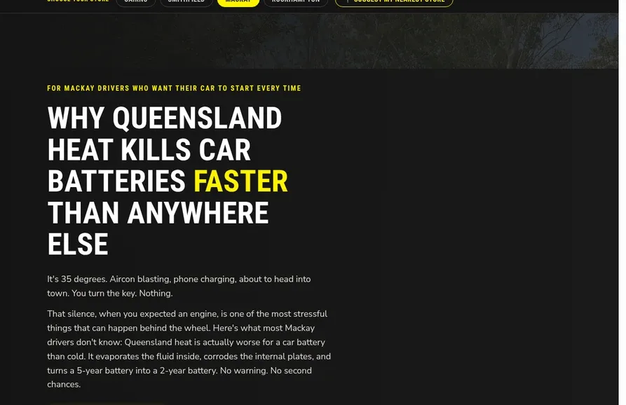 Autobarn local services landing page about Queensland heat and car batteries