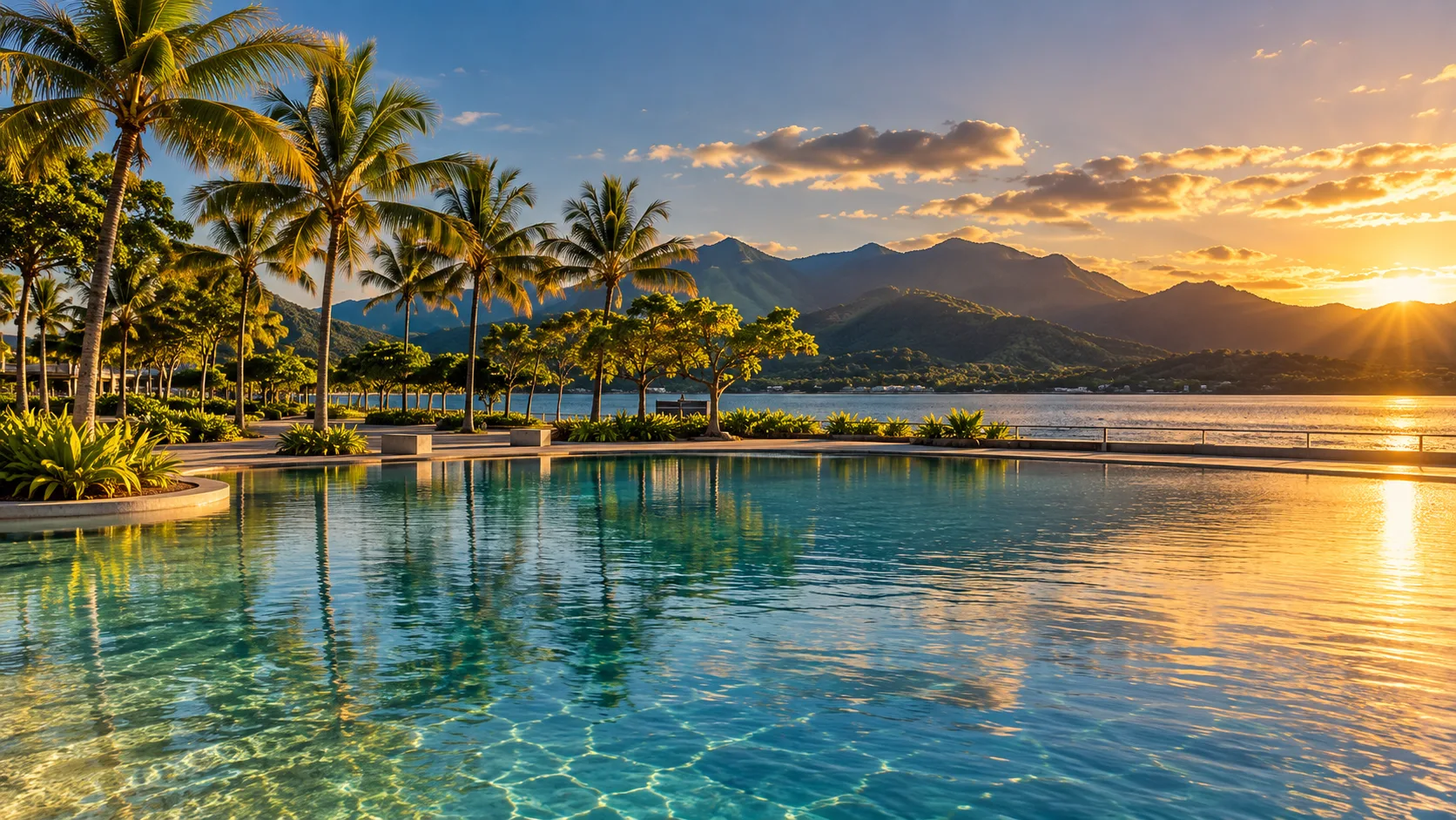 Cairns Esplanade lagoon and palm-lined foreshore at golden hour with the mountains behind