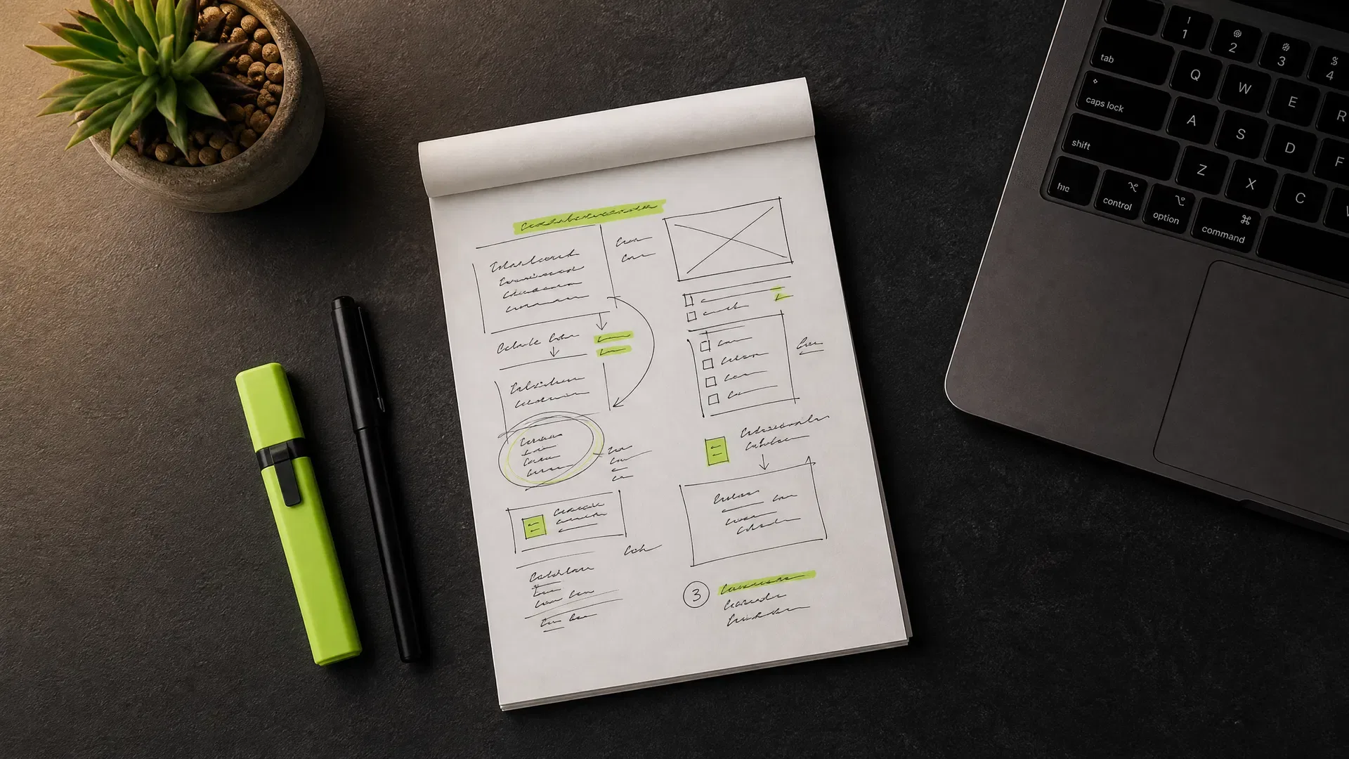 Campaign brief template on a dark desk beside a laptop, a notebook and a lime highlighter