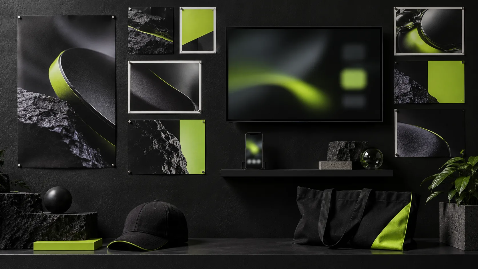 Dark studio moodboard wall of campaign prints, a TV, phone, black cap and tote with lime accents