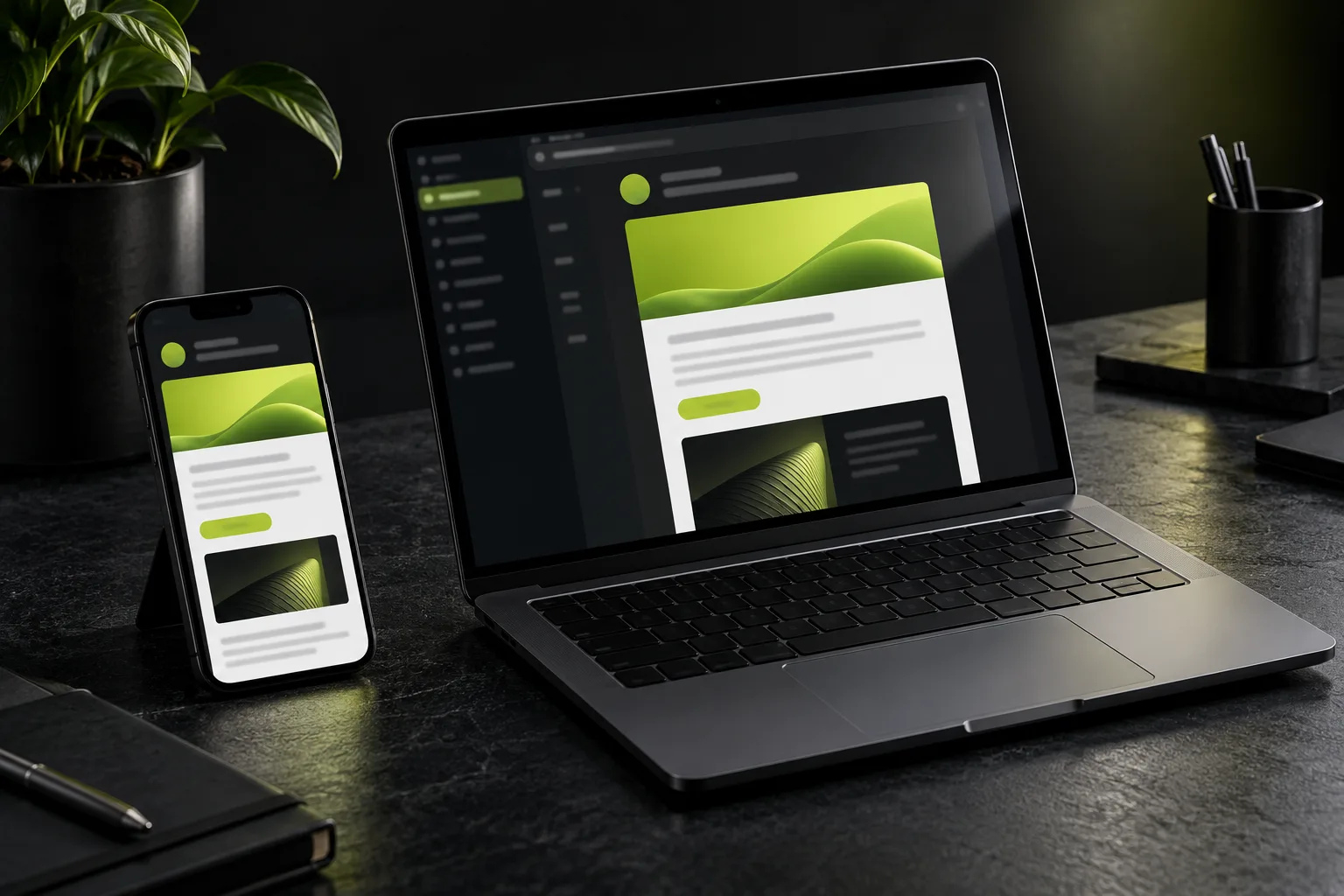 Phone and laptop on a dark desk displaying a designed marketing email with lime header blocks