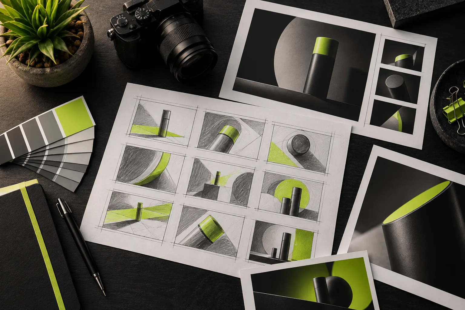Top-down studio desk with campaign storyboards, printed layouts, lime colour swatches and a camera