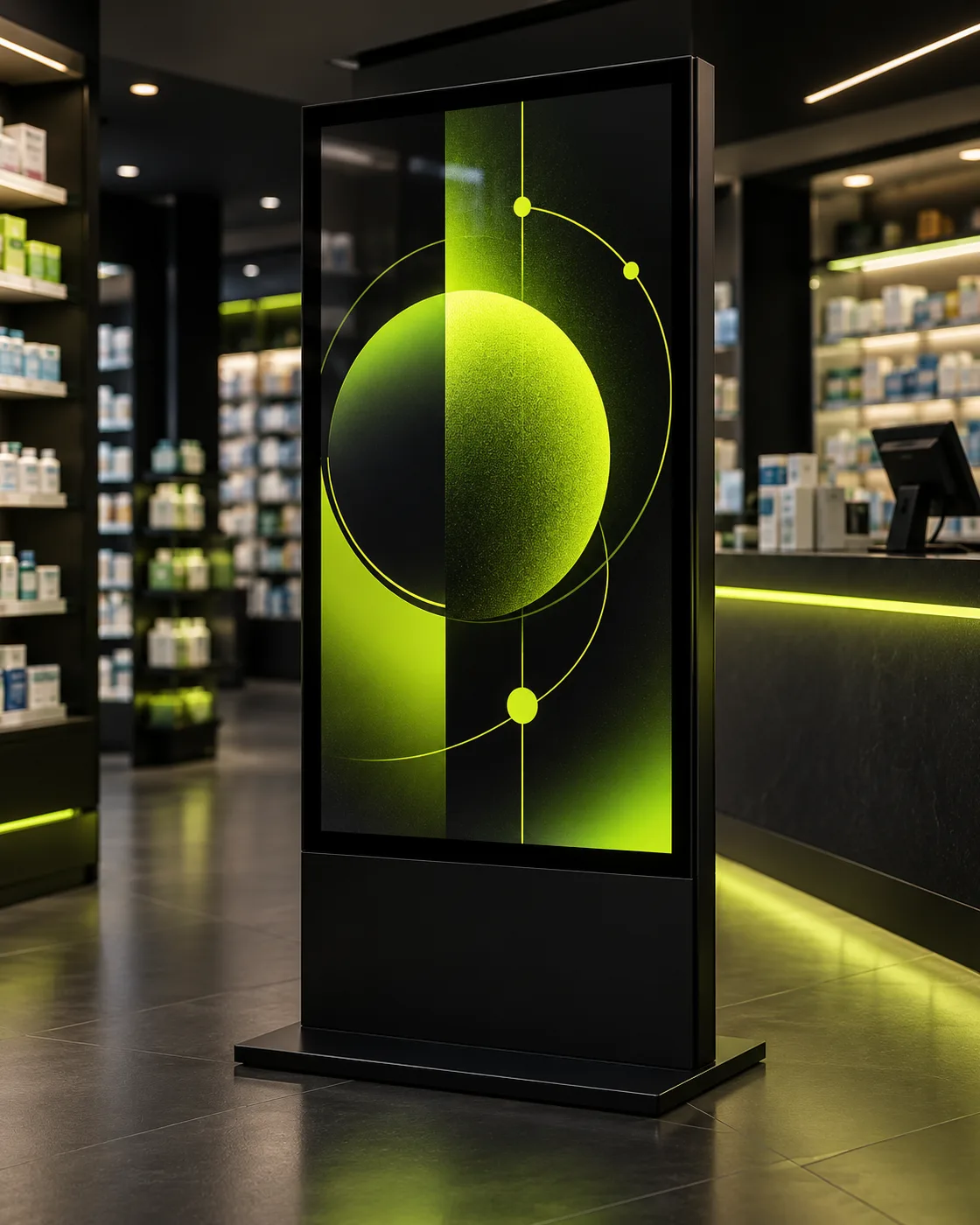 Freestanding portrait digital advertising screen with a lime promo graphic inside a modern pharmacy
