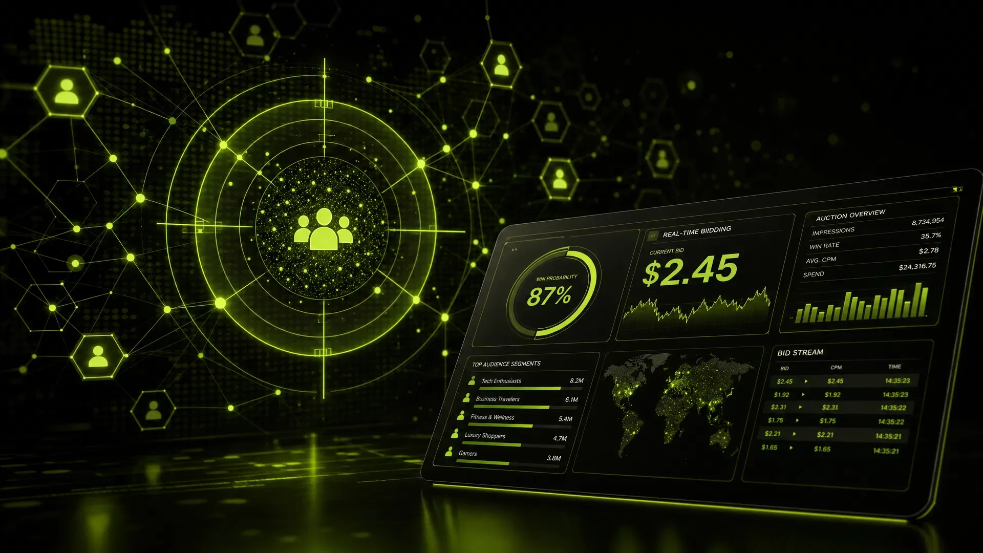 Dark programmatic advertising dashboard with lime data points on a world map