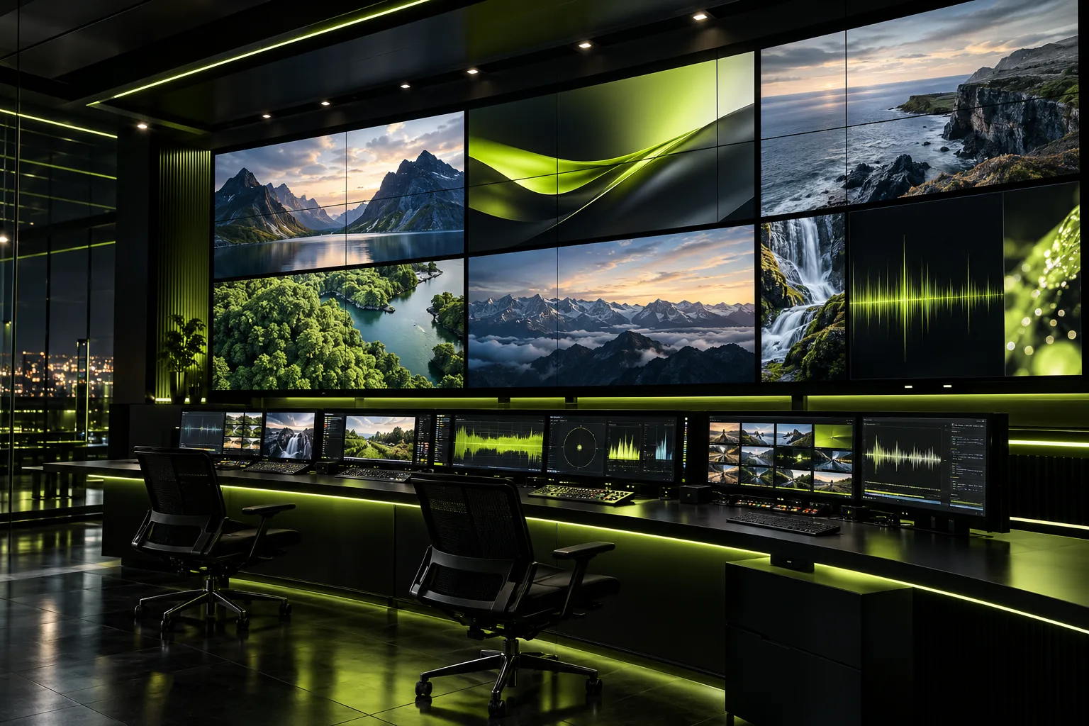 Dark media control room with a wall of screens showing streaming video, display banners and lime audio waveforms