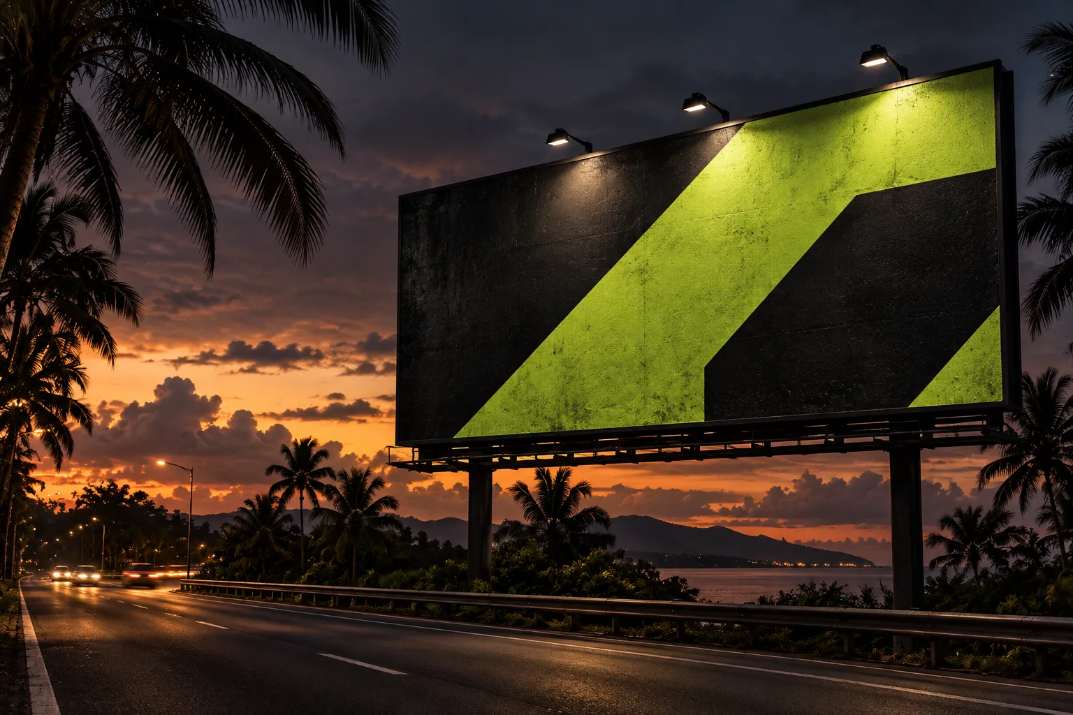Lit roadside billboard with a bold lime and black graphic beside a palm-lined Queensland highway at dusk