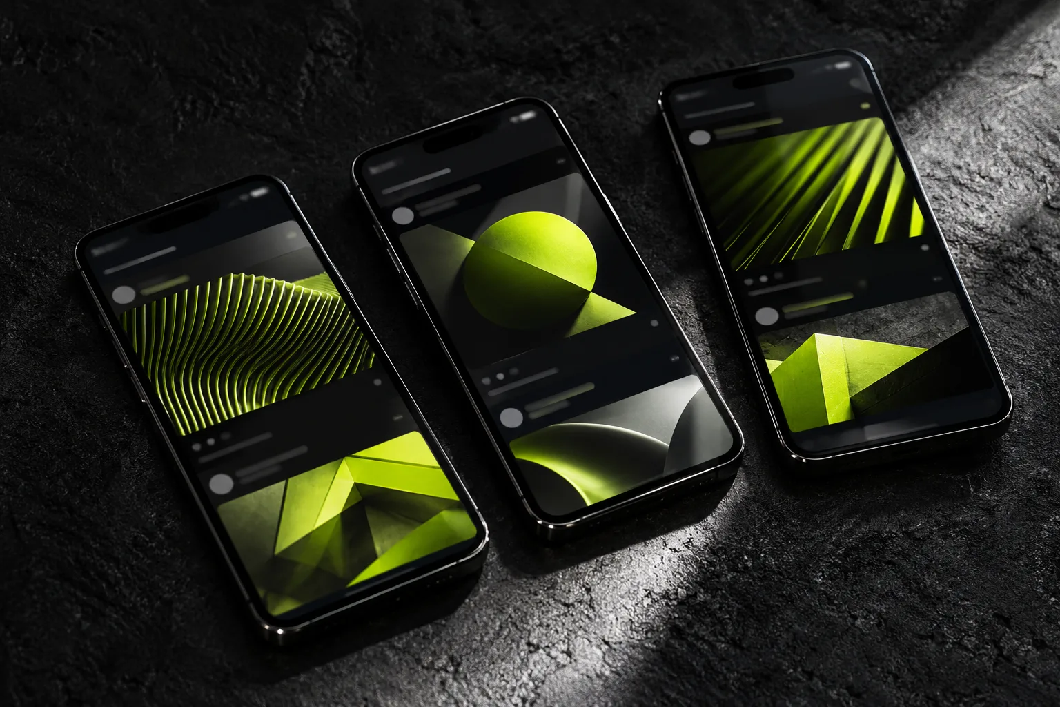Three smartphones on dark stone showing vertical social feeds with lime-accented posts