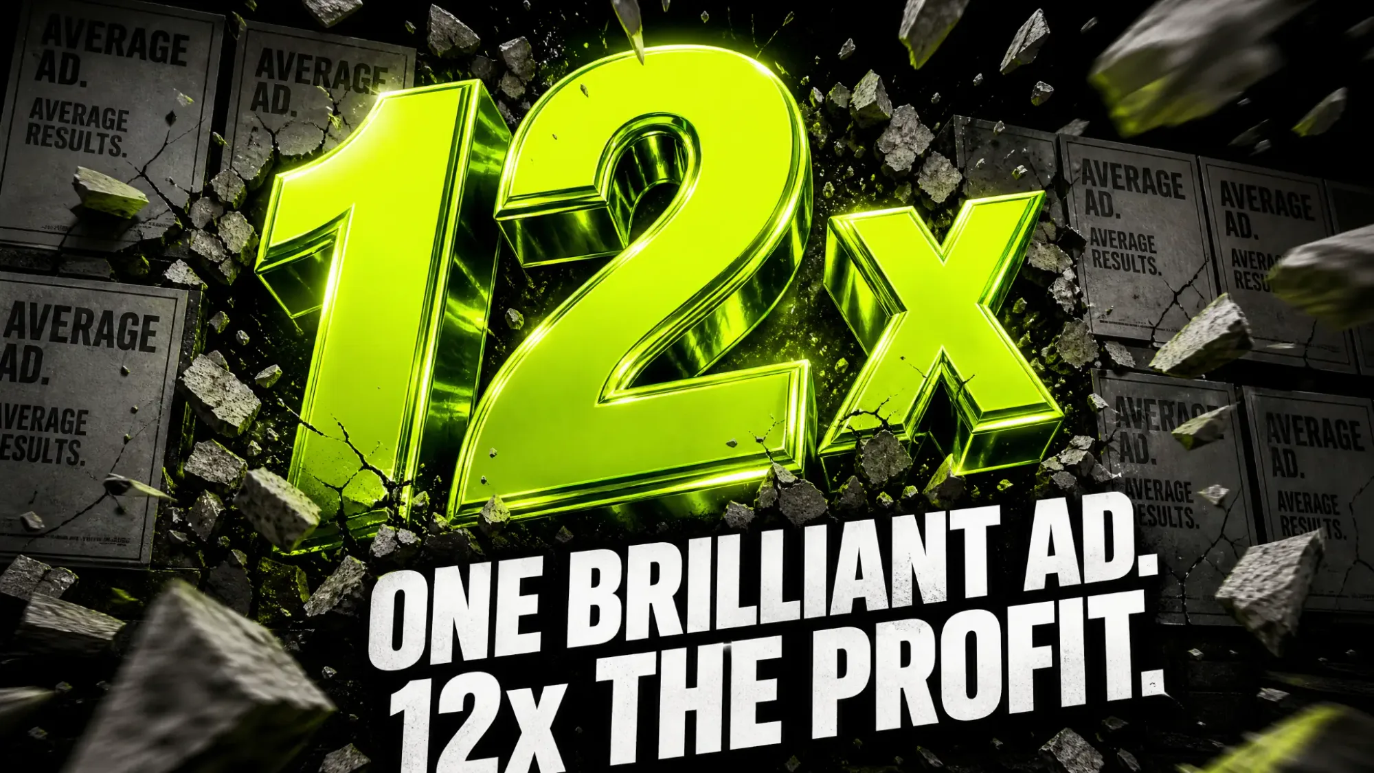 A giant lime green 12x breaks through a wall of average advertising posters