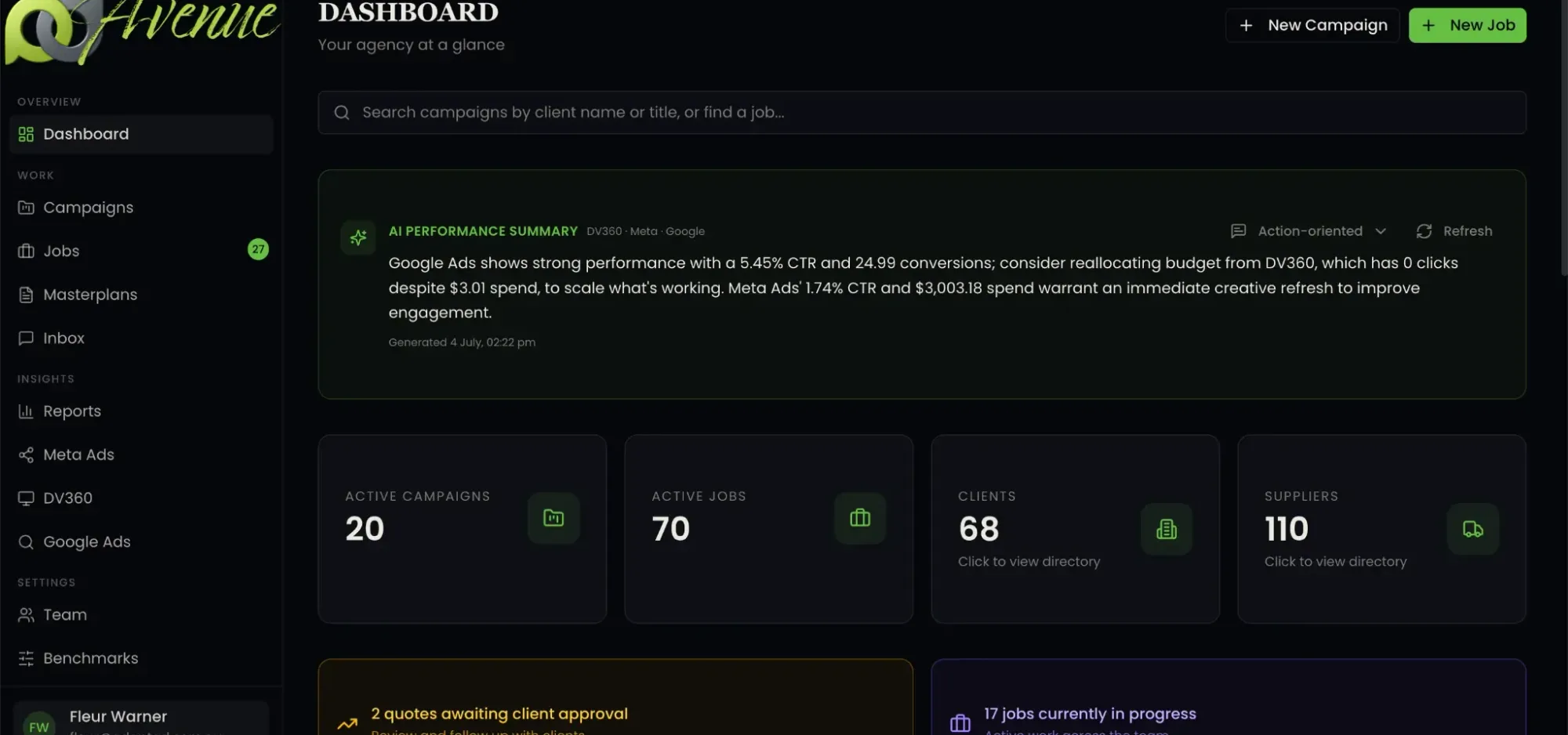 The Avenue website dashboard designed by AdaptAd