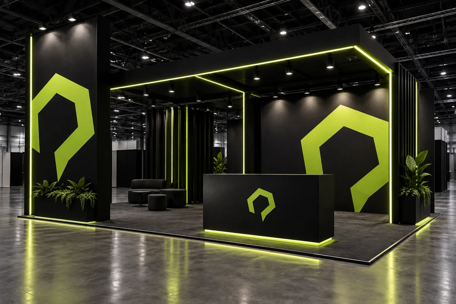 Empty black trade show exhibition stand with lime LED lighting strips and a branded welcome counter