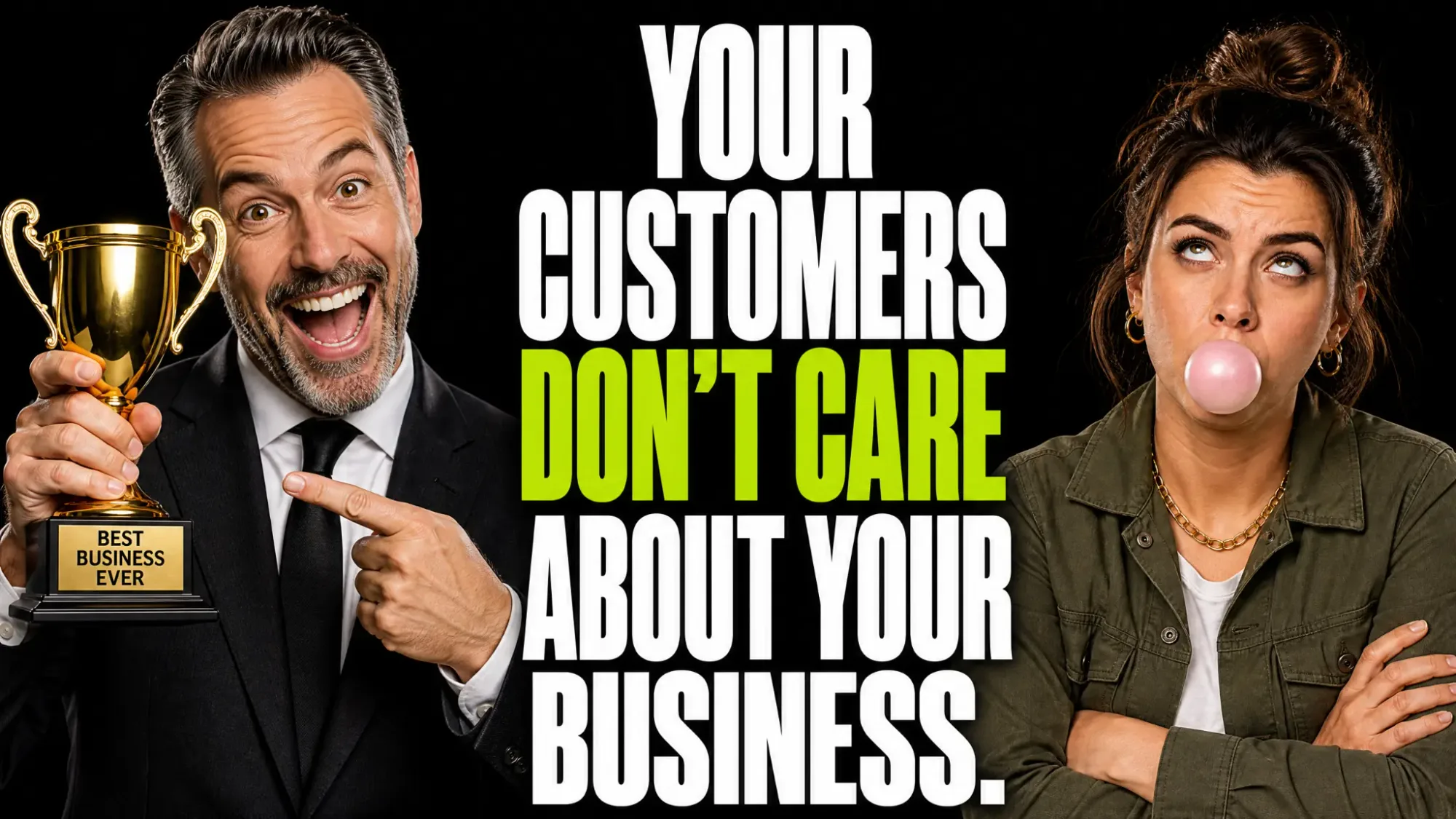 A proud businessman holds a gold trophy beside a visibly unimpressed customer, headlined Your customers don't care about your business